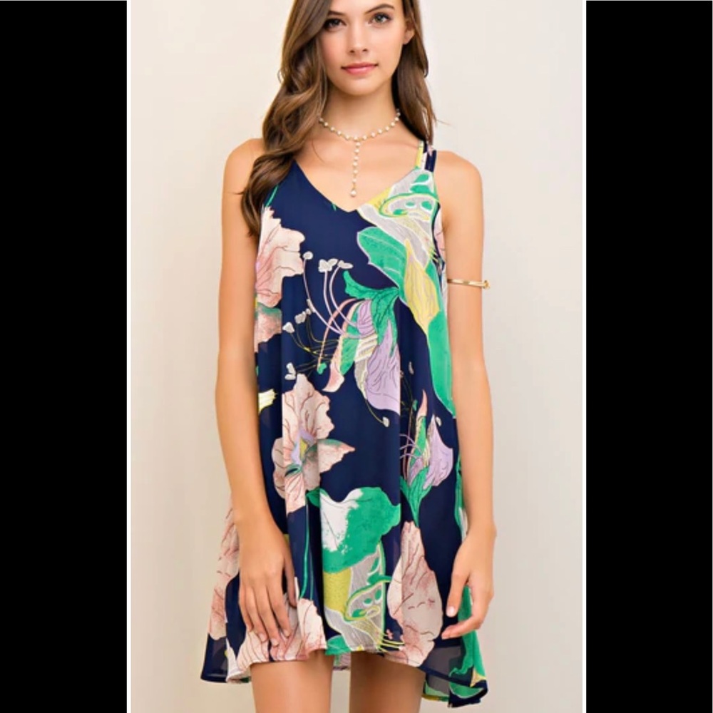 Women’s Lined Navy Floral Swing Dress